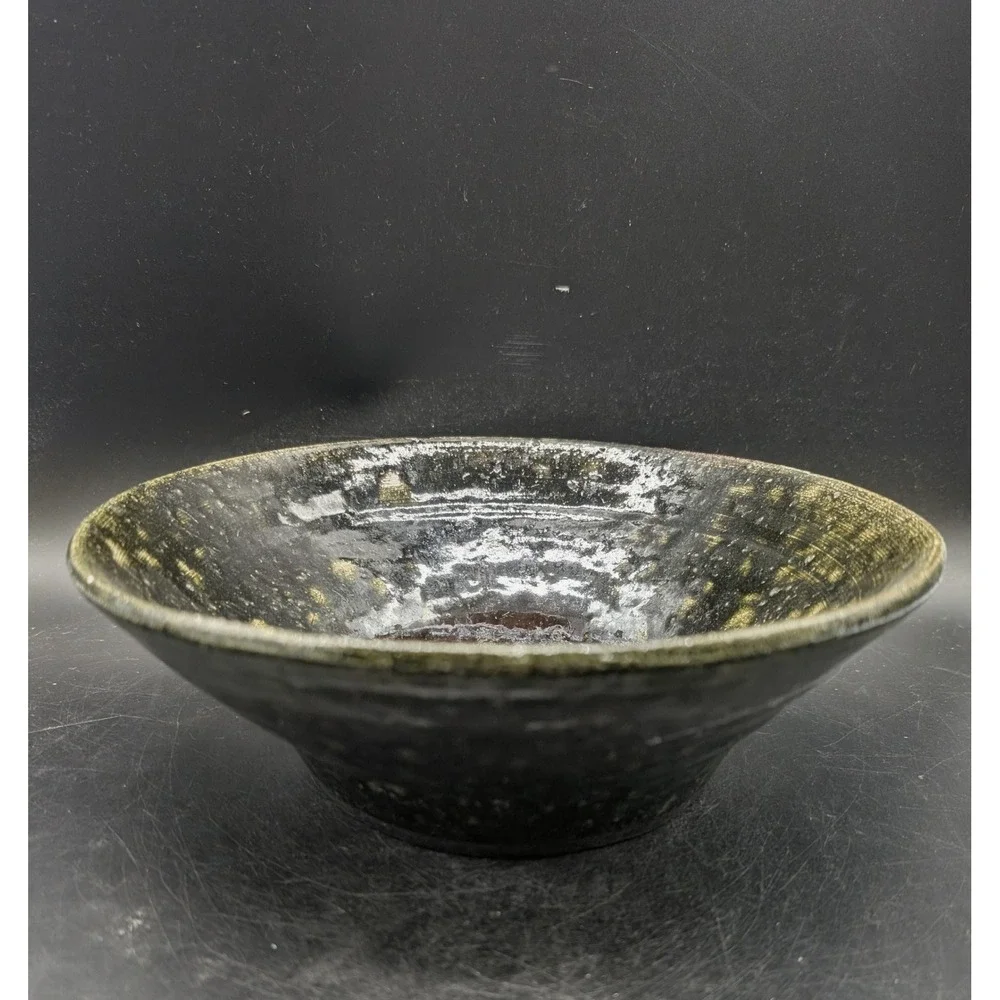 Vintage Studio Pottery Bowl Signed Bo 5/97 Black Green Raku Glazed Ceramic 9